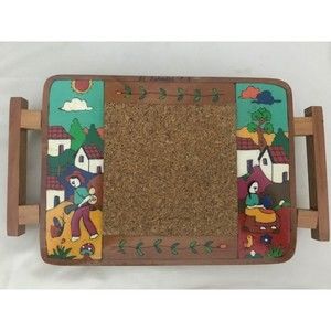 Signed El Salvador Trivet Hand Painted Wood and Cork